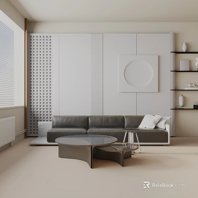 Modern Living Room With Gray Three Seater Sofa Decorative Wall Circular Decor And Coffee Table 3d model 