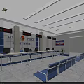 Police Service Hall Interior With Service Counters Blue Chairs Display Screens And Pillars