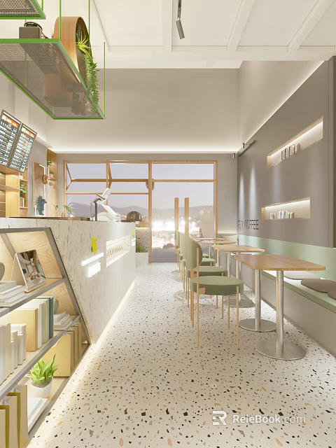 Modern Café Interior With Large Windows Natural Light And Cozy Seating Area 3d model 