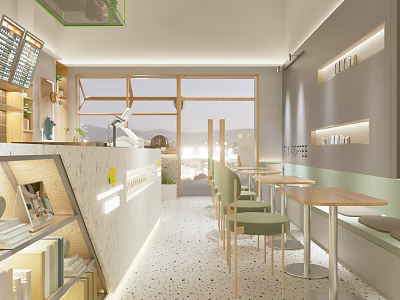 Modern Café Interior With Large Windows Natural Light And Cozy Seating Area 3d model