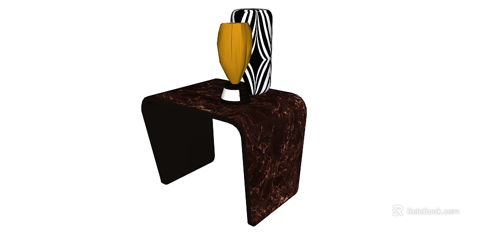 Modern Brown Marble Side Table With Yellow Vase And Black White Striped Decor 3d model 