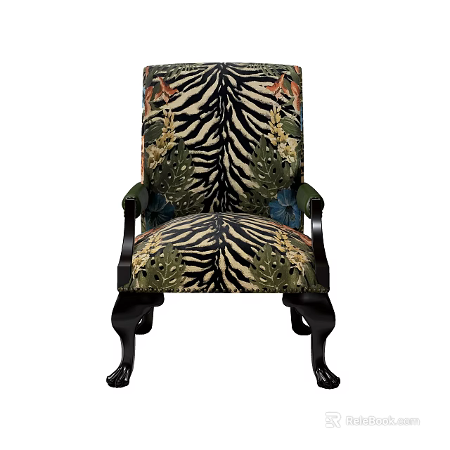 Decorative Accent Chair with Zebra Stripe Tropical Leaf Pattern and Dark Wooden Legs 3d model 