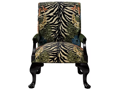 Decorative Accent Chair with Zebra Stripe Tropical Leaf Pattern and Dark Wooden Legs 3d model
