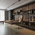 Modern Office Interior With Wooden Bookshelves Glass Desk Leather Chair And Herringbone Floor