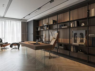 Modern Office Interior With Wooden Bookshelves Glass Desk Leather Chair And Herringbone Floor 3d model