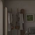 Elegant Modern Clothes Rack With White Clothes Brown Bags And Green Decorative Painting In Interior