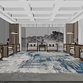 Modern Chinese Hotel Public Lounge Area With Wooden Sofas Decorative Paintings And Area Rug