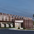 Modern Sales Office Building Exterior With Arched Facade Glass Curtain Wall And Landscaped Courtyard