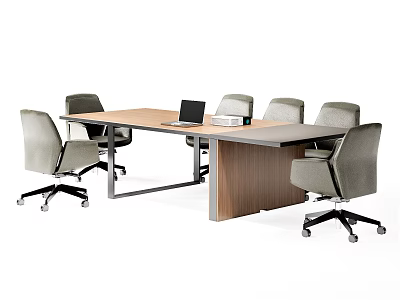 Modern Wooden Conference Table With Gray Chairs And Laptop On Top 3d model