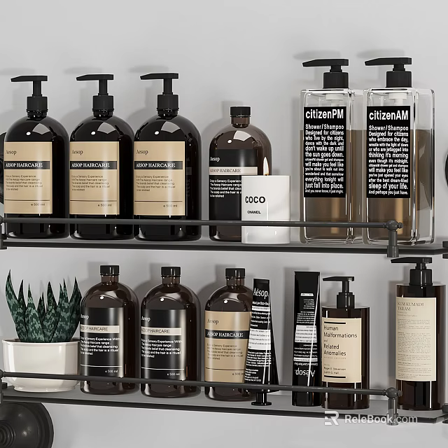Laundry Daily Use Products On Shelf With Bottles And Potted Plant 3d model 
