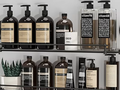 Laundry Daily Use Products On Shelf With Bottles And Potted Plant 3d model