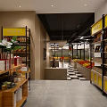 Modern Fruit Store Interior With Yellow Shelves Fresh Fruits Display Counter And Green Plants