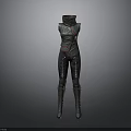 Woman Wearing Sleeveless Leather Bodysuit With Straps And Dark Colored Long Boots