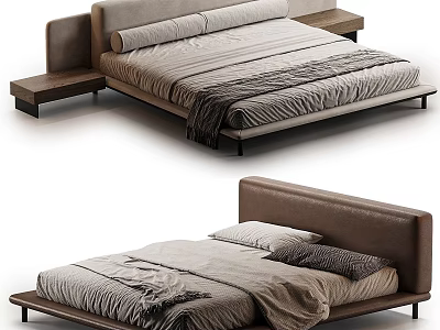 Modern Double Bed Design With Leather Headboard And Wooden Side Tables 3d model