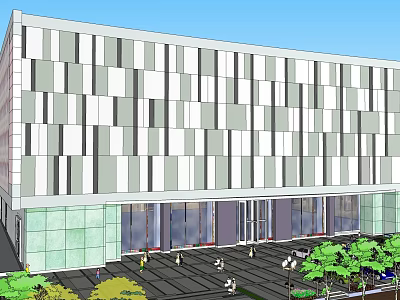 Modern Commercial Building Exterior With Geometric Panel Facade Glass Curtain Wall And Pedestrian Greenery Area 3d model