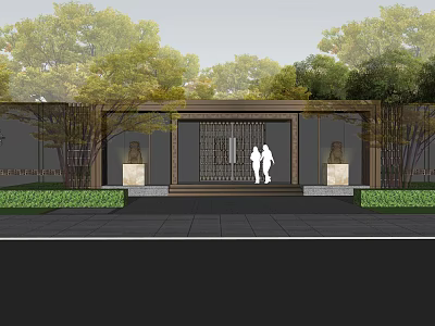 Traditional Garden Landscape Entrance With Wooden Gate Stone Lanterns And Green Plants 3d model