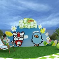 Vibrant Cartoon Spring Decoration Scene with Cute Characters Flowers and Greenery