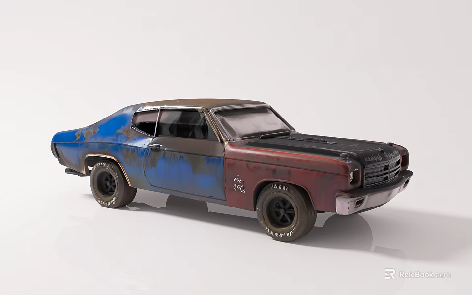 Classic Vintage Weathered Muscle Car Model With Blue Red Body Black Hood And Wheels 3d model 