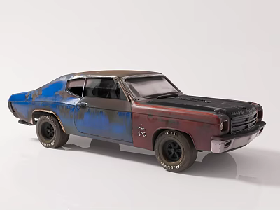 Classic Vintage Weathered Muscle Car Model With Blue Red Body Black Hood And Wheels 3d model