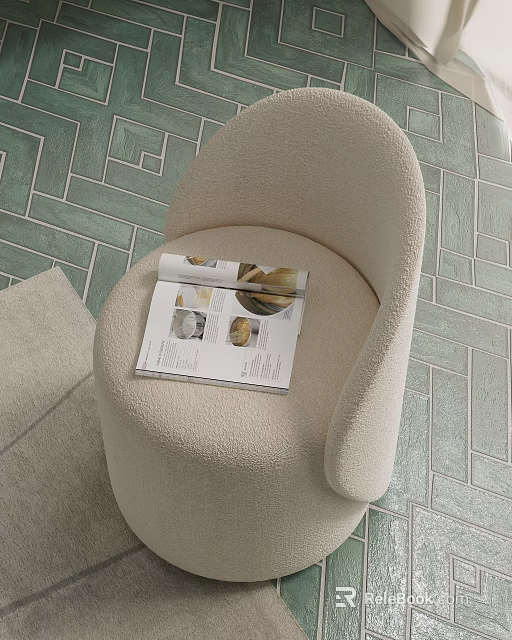 Beige Plush Single Sofa with Open Magazine Featuring Shells on Green Geometric Patterned Floor 3d model 