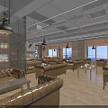 Cozy Café Interior Design With Leather Sofas Wooden Tables Bookshelves And Pendant Lights