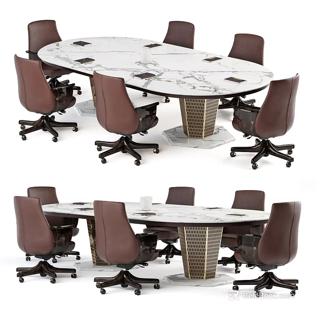 Elegant Modern Conference Table With Marble Top And Brown Rolling Chairs 3d model 