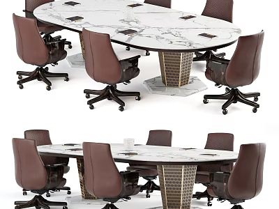 Elegant Modern Conference Table With Marble Top And Brown Rolling Chairs 3d model