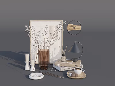 Stylish Decorative Ornament Set With Vase Branches Books Reed Diffuser And Round Table Lamp 3d model
