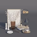 Stylish Decorative Ornament Set With Vase Branches Books Reed Diffuser And Round Table Lamp 3d model