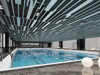 Indoor Swimming Pool Interior With Modern Ceiling And Lounge Recliners 3d model