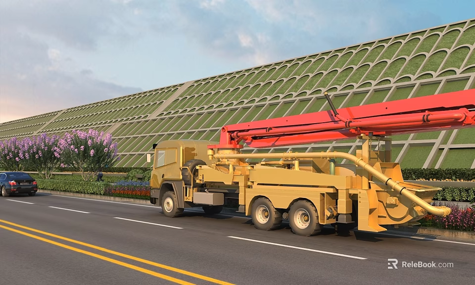 Yellow Utility Vehicle With Red Boom Parked Roadside Near Green Grid Structure And Purple Flowers 3d model 