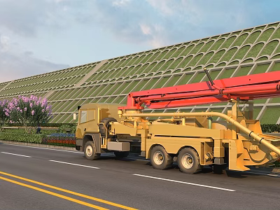 Yellow Utility Vehicle With Red Boom Parked Roadside Near Green Grid Structure And Purple Flowers 3d model