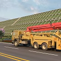 Yellow Utility Vehicle With Red Boom Parked Roadside Near Green Grid Structure And Purple Flowers