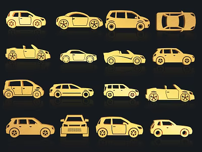 Golden Car Silhouettes Collection With Different Vehicle Types On Black Background 3d model