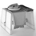 Minimalist Bathroom Accessories with White Tray Soap Black Container and Gray Towel on Wooden Surface
