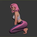 Pink Haired Woman in White Sports Bra and Purple Gradient Leggings Crouching on Gray Background