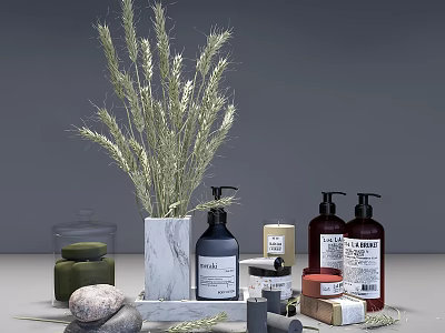 Elegant Bathroom Accessories With Marble Vase Dried Wheat Soap Dispensers And Candles 3d model