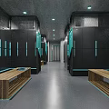 Modern Fitness Locker Room With Black Lockers Wooden Benches Blue Accents And Gray Flooring