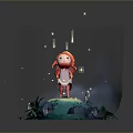 Red Haired Girl Standing On Green Island With Plants Mushrooms Glowing Stars And Dark Smoke