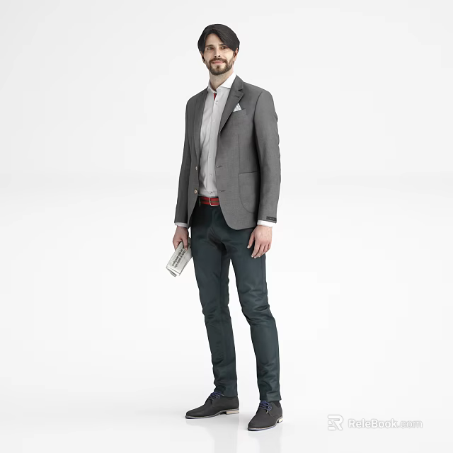 A Man Standing In Gray Suit And White Shirt Holding Document On White Background 3d model 