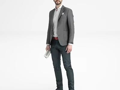 A Man Standing In Gray Suit And White Shirt Holding Document On White Background 3d model