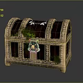 Vintage Wooden Chest with Metal Decorations Ornate Top Ornament and Green Plants Inside Golden Base