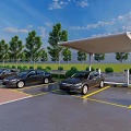 Modern Parking Lot With Electric Cars Charging Stations Canopy Trees And Blue Sky