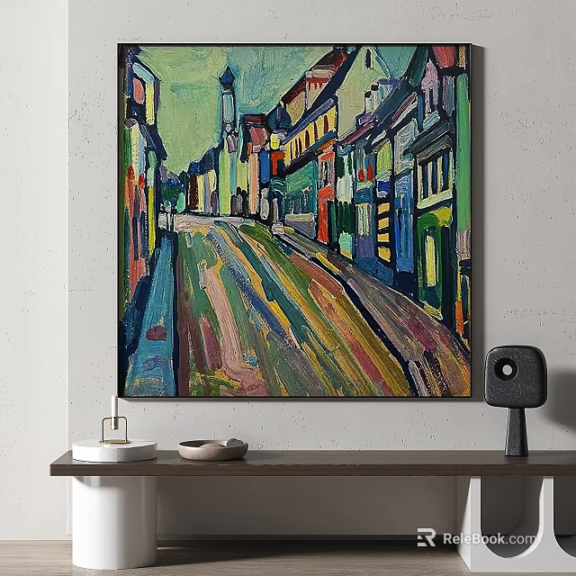 Oil Painting of Colorful Street Scene with Vibrant Buildings and Road in Interior Setting 3d model 