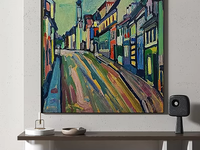 Oil Painting of Colorful Street Scene with Vibrant Buildings and Road in Interior Setting 3d model