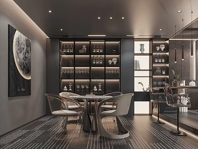 Modern Dining Area With Art Painting Wine Cabinets And Chairs 3d model