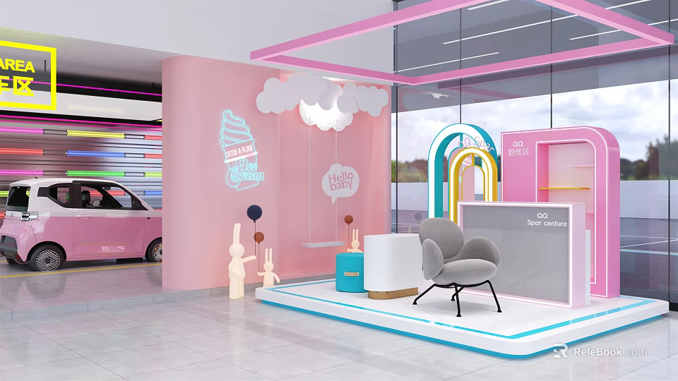 4S Store Happy Vibe Pink Interior Cloud Decorations Neon Lights Swing And Pink Car 3d model 