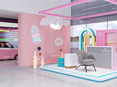 4S Store Happy Vibe Pink Interior Cloud Decorations Neon Lights Swing And Pink Car 3d model