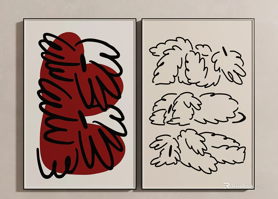 Abstract Wall Art Pieces With Black Line Design Red And White Background 3d model