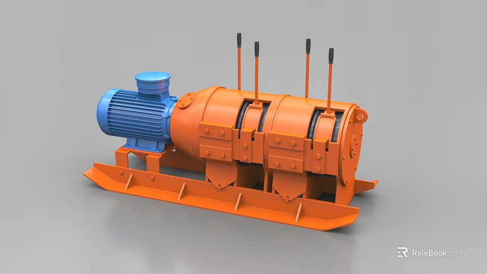 Orange Industrial Winch With Blue Motor Control Levers And Stable Base Frame 3d model